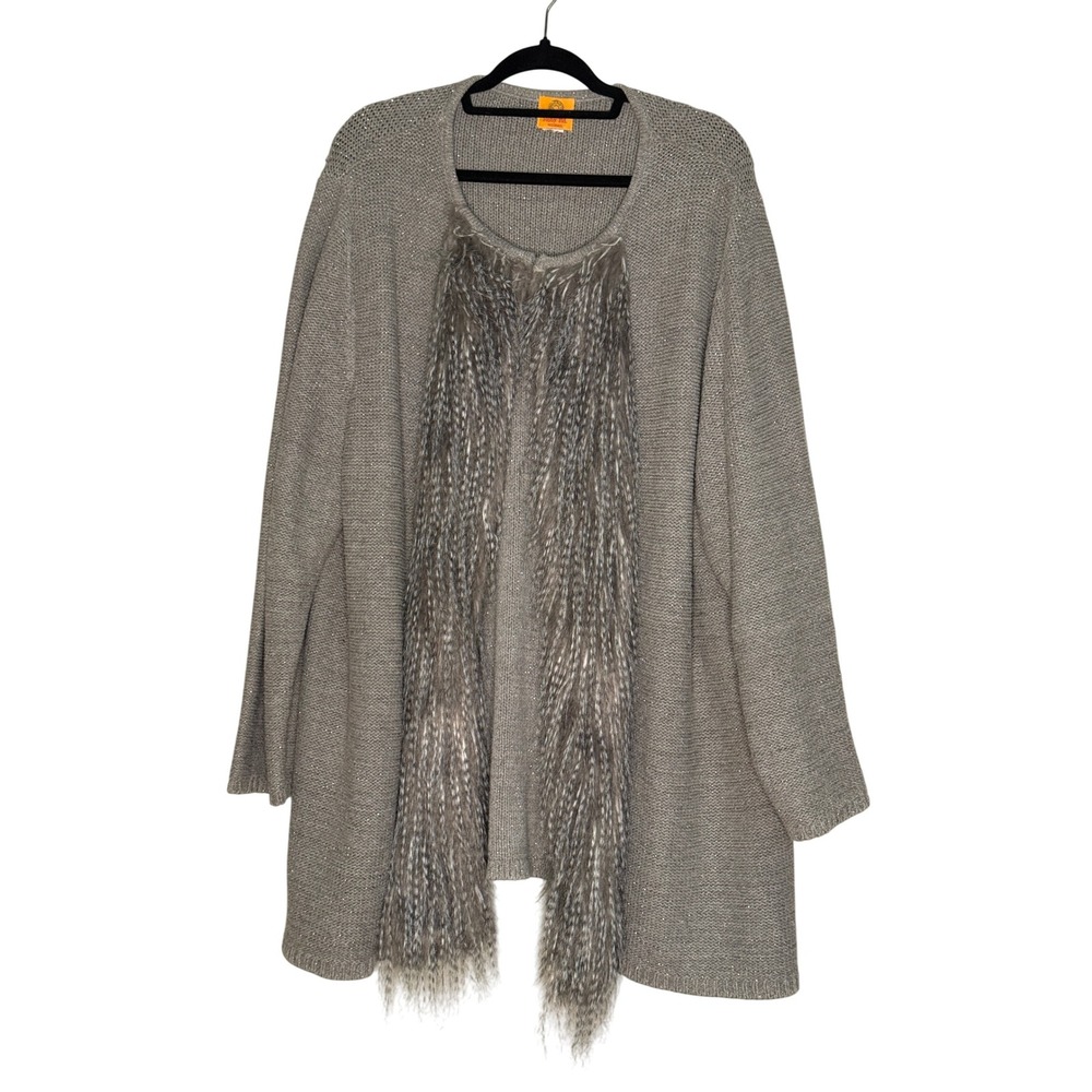 Ruby Rd. Woman XXL Gray Metallic‎ Knit Cardigan Faux Feather Trim Comfy Holiday